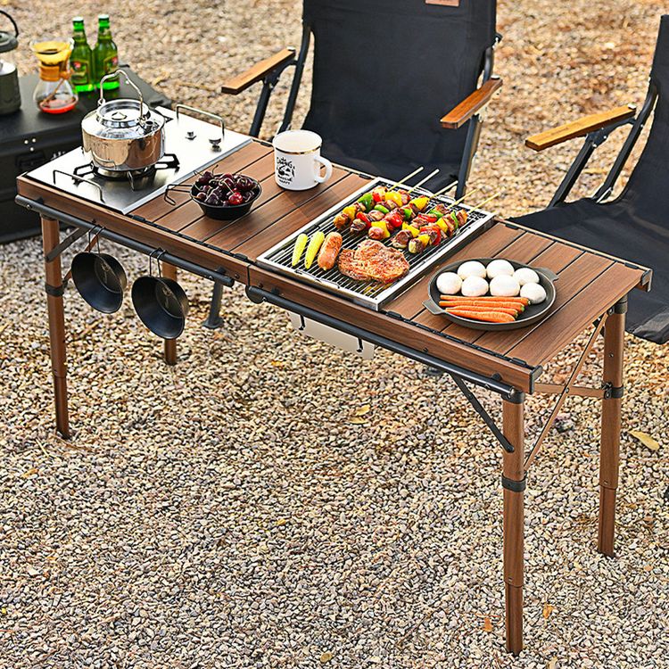 طاولة تخييم قابلة للطي محمولة من بورودو لايف ستايل مع موقد قابل للفصل وشبكة، سعة تحميل 150 كجم، نطاق ارتفاع من 45.5 إلى 58 سم، مادة الألومنيوم - بني