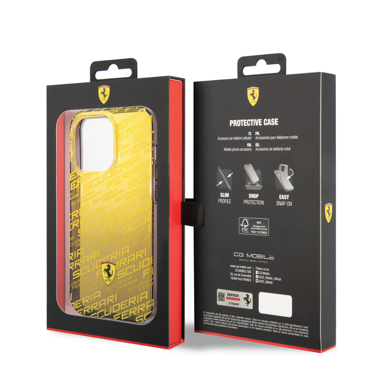 Ferrari Gradient PC/TPU Case with Allover Scuderia & Dyed Bumper iPhone 14 Pro Compatibility - Yellow