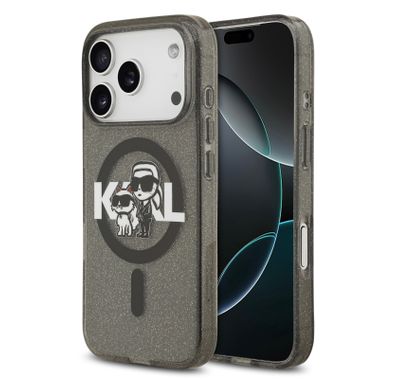 Karl Lagerfeld MagSafe IML Glitter Case with Karl & Choupette Heads for iPhone 17 Pro Max, Drop Protection, Slim Profile & Lightweight Design, Easy Snap-On, Comfortable Grip, Sustainable Packaging - Black