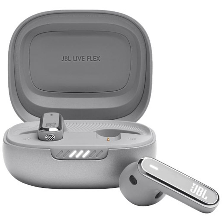 JBL Live Flex True Wireless Earbuds with Adaptive Noise Cancelling, Water & Dust Resistant, Touch Control, Built-in Microphone, Voice Assistant Integration, Multi-Point Connection, JBL Signature Sound - Silver 