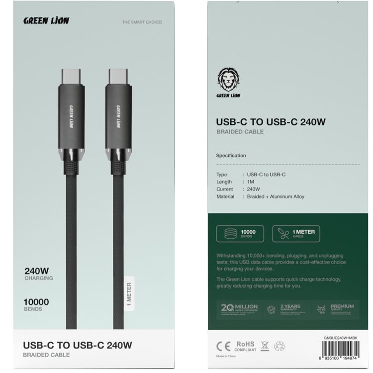 Green Lion USB-C to USB-C Braided Cable with 240W Current, 1m Cable Length, 480Mbps Transfer Speed, 10,000 Bends Lifespan, Safe & Secure - Black