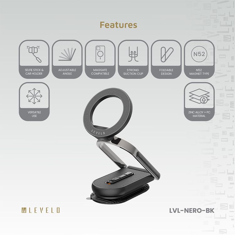 Levelo Nero MagSafe Car Holder & Selfie Stick with Foldable Design, N52 Magnet, Adjustable Angle, Strong Suction Type, Universal Compatibility - Black