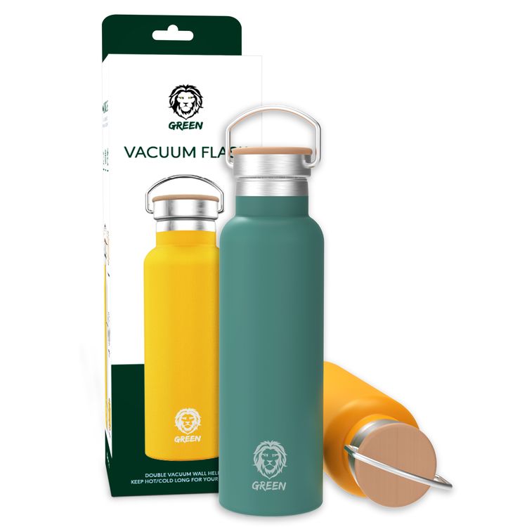 Green Lion Vacuum Flask Stainless Steel Water Bottle 600ml / 21oz with Handle, Aqua Max Double Vacuum Wall, Insulated Water Bottle, Scratch Defense & Condensation Proof - Green