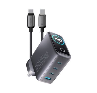 Powerology Voltflow 240W GaN 4 Ports Wall Charger with 1m | 3.2ft USB-C to USB-C Cable, PD 140W, Temperature Control, Smart TFT Display, Foldable UK Plug, High-Power Fast Charging, Simultaneous Charging, Intelligent Power Distribution - Black