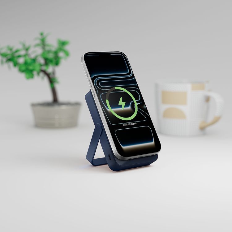 Powerology 10000mAh Magsafe Glass Surface Power Bank with Compact Design, Type-C & Wireless output, Integrated Stand, Aluminum Material, 20W Power Delivery, Cable-Free - Blue