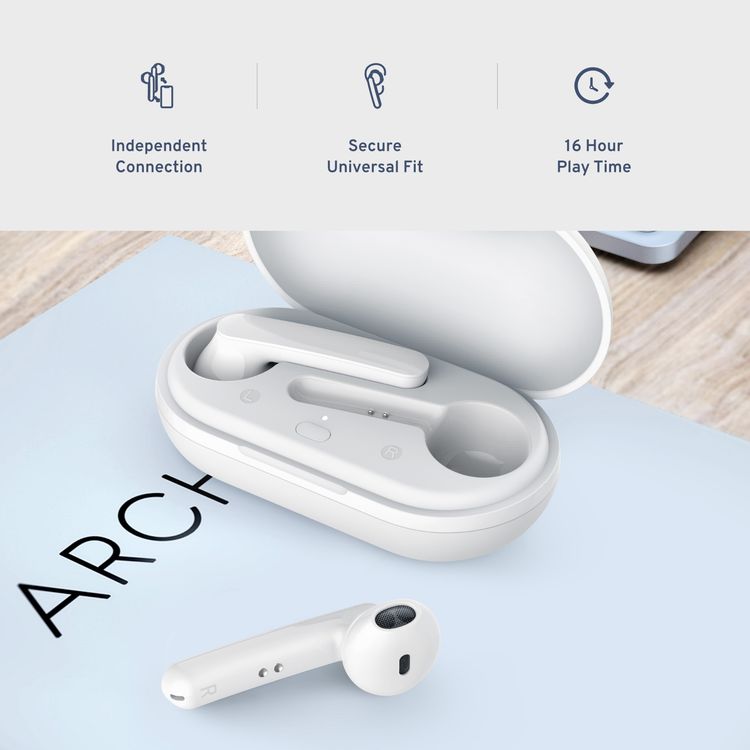 سماعات أذن لاسلكية من Powerology True Stereo Buds، مدة تشغيل تصل إلى 16 ساعة، بلوتوث 5.0، ملاءمة عالمية آمنة، تحكم باللمس، سعة بطارية 500 مللي أمبير في الساعة - أبيض 