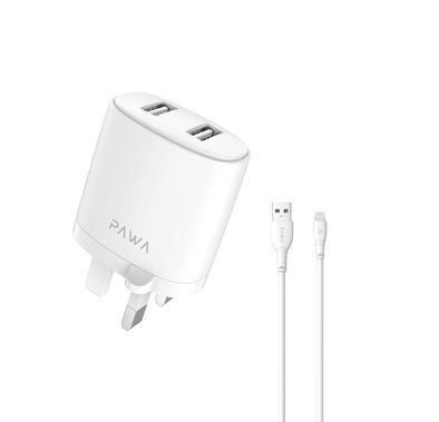 باوا شاحن سفر صلب بمنفذ يو أس بي مزدوج 2.4 أمبير مع كابل لايتنينج - أبيض