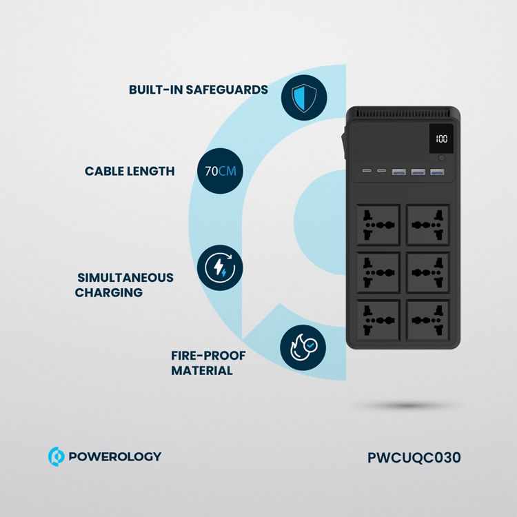 Powerology 2500W Power Strip with 6 AC Sockets & Built-in Retractable Cables, 5 USB Ports, USB-C & Lightning Outputs, Built-in Safeguards, Fire-Proof Material, 24H Timer, Simultaneous Charging, 70cm Cables Length & 3m Power Cord Length - Black