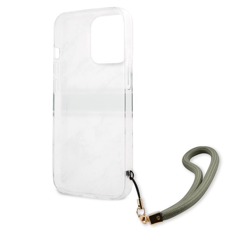 CG MOBILE Guess PC/TPU Case Marble Design & Stripe with Anti-Lost Nylon Strap for iPhone 13 Pro (6.1") Back Cover Suitable with Wireless Charging Officially Licensed Green