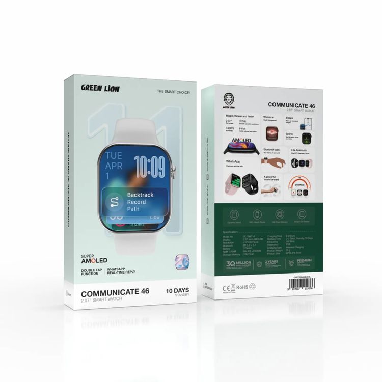 Green Lion Communicate 46mm Smart Watch with 2.07” Super AMOLED Display, 375mAh Battery Capacity, 1GB Flash Storage, IP68 Waterproof, 2-3 Days Working Time, 10 Days Standby Time, Bluetooth Version 3.0 + 5.4, Wireless Charging, Dynamic Island, Always-On Display, 500+ Watch Faces - Silver