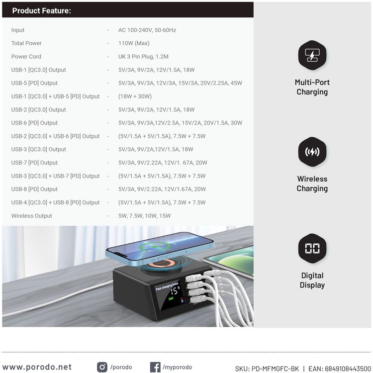 Porodo Multi-Port Charging HUB Real-Time  - Black