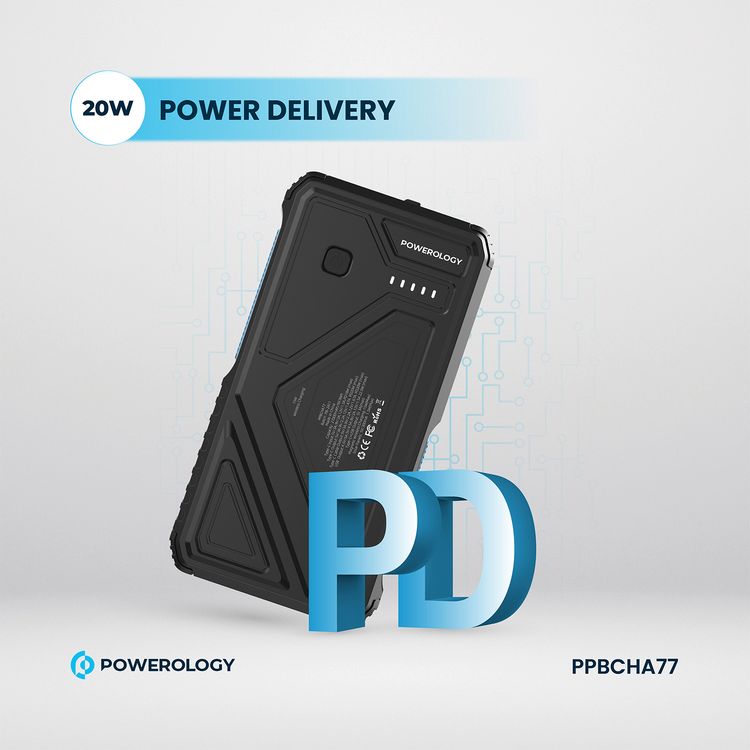 Powerology 27000mAh Solar Wireless Charging Power Bank with Simultaneous Charging, Multi-Mode Flashlight, 0% - 65% Charging in 35 Minutes, 70mm Cable Length - Black