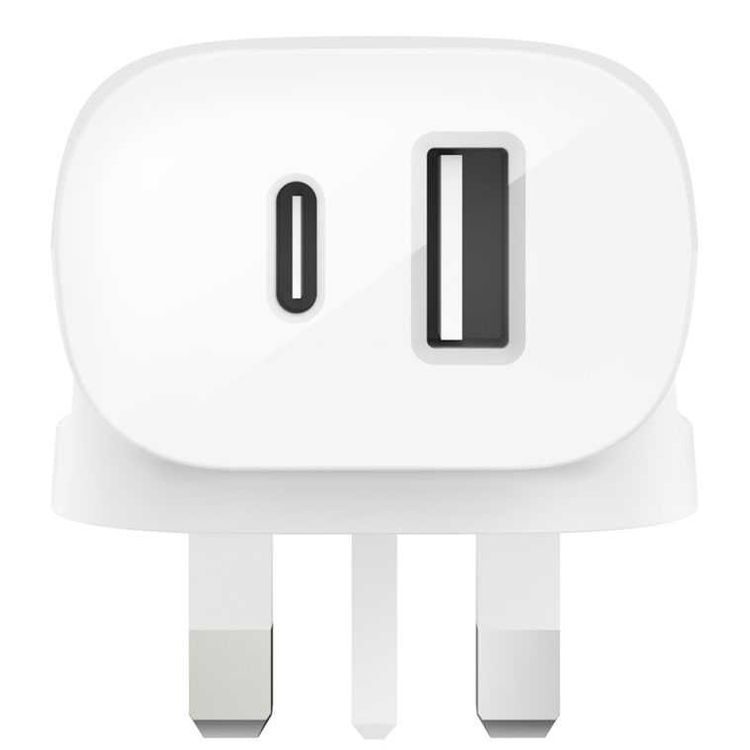 شاحن بيلكين جداري 30 وات ، شاحن منزلي مزدوج قائم بذاته (18 وات يو اس بي سي / 12 وات يو اس بي -أ-) المملكة المتحدة ، شاحن سريع بي دي متوافق مع ايفون 12/12 برو / 12 برو ماكس / 12 ميني / 11/11 برو / 11 برو ماكس ، ايباد برو 11 / 12.9 مع اجهزة يو اس بي سي - ابيض