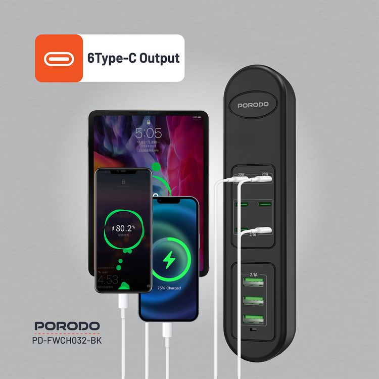 Porodo 50W Multi-Port USB Charging Hub with 20W Power Delivery, Simultaneous Charging, 2m Cable Length, Fast Charging Support, Built-in Safeguards - Black
