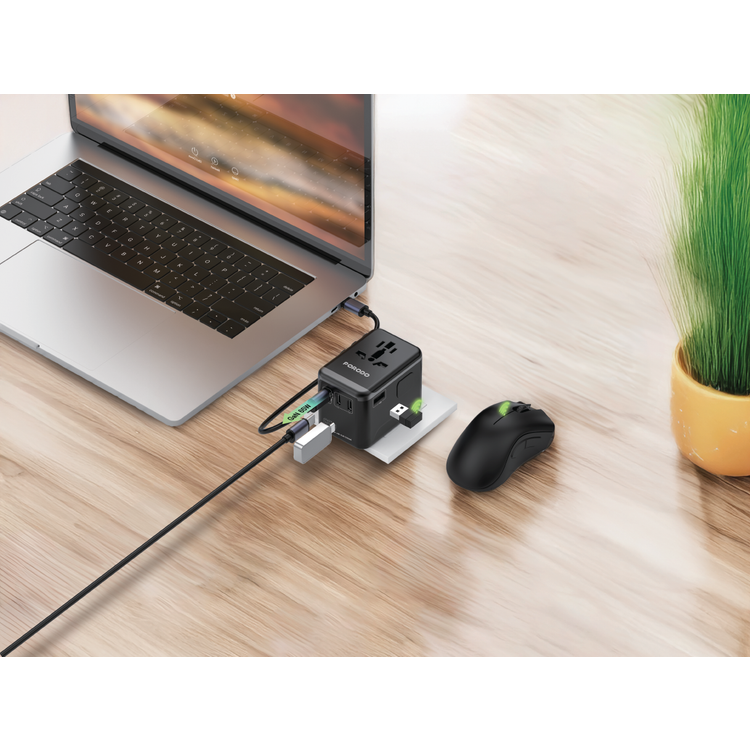 Porodo 5Gbps USB Hub Universal Travel Adapter with 65W GaN Charger, 1000-2500W Rated Power, 3 USB-C & USB-A Ports, 480Mbps-5Gbps USB-C Transfer Speed, 5Gbps USB-A Transfer Speed, Spare Fuse Included, Supports Plugs in 150+ Countries - Black