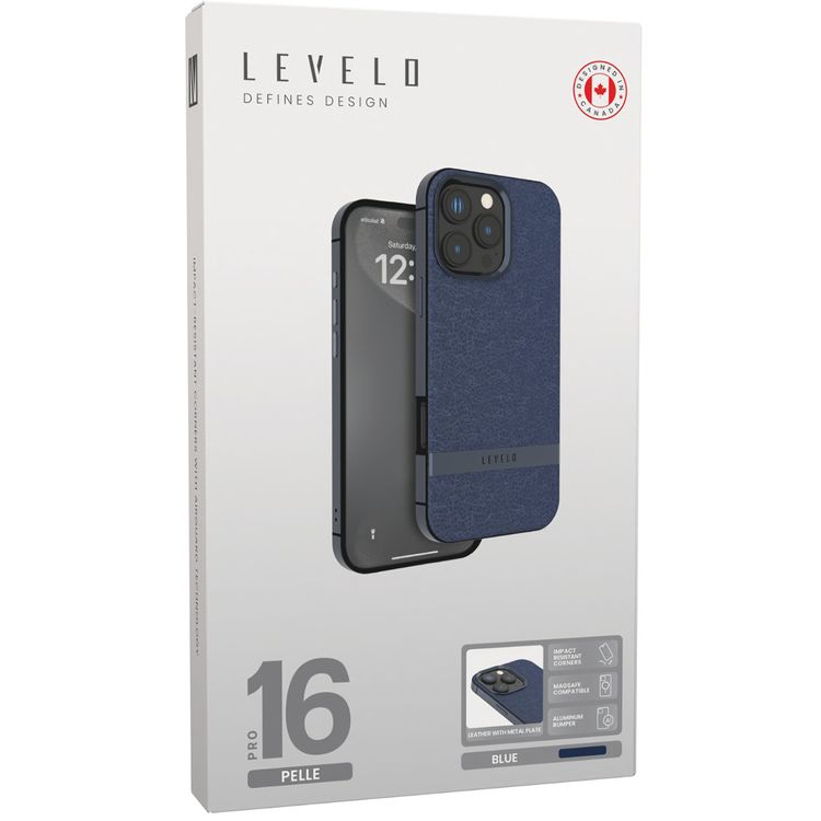 Levelo Pelle Leather Case for iPhone 16 Pro with Aluminum Bumper, Impact Resistant Corners, MagSafe compatibility, Lightweight & Slim Profile - Blue