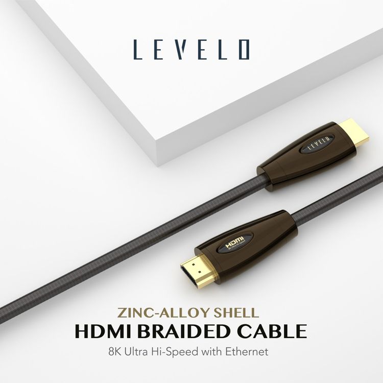 Levelo HDMI Braided Cable with Ultra HD Quality, Zinc-Alloy Shell, Ultra High-speed, Dynamic HDR, Up to 10K Resolution, 3m Cable Length, 24K Gold Plated Connector, Plug & Play - Black