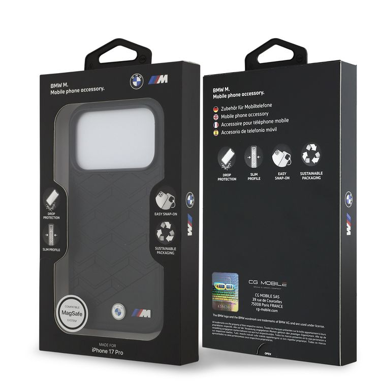 BMW MagSafe PU Seat-Shaped Leather Case with Metal Logos for iPhone 17 Pro, Slim Profile, Easy Snap-On Design, Sustainable Packaging, Drop Protection - Black