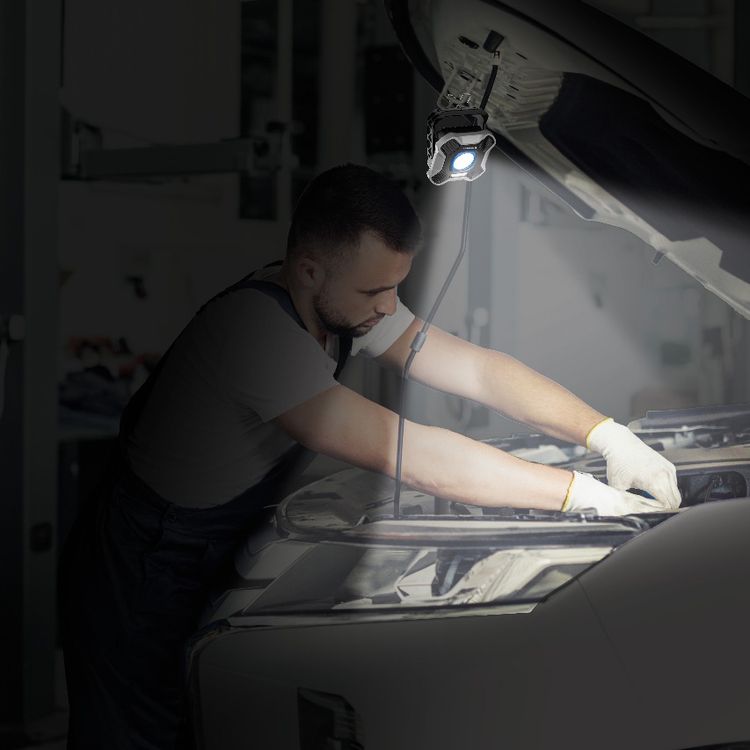 Powerology Brillite 3600mAh Work Light with 360° Rotatable Stand, 3600mAh Battery, Aluminum Alloy & ABS Material, 2000 Lumens Brightness, Dual Hooks & Tripod Mount, Dual Light Modes, USB-C Charging Port, Up to 20 Hours Working Time - Black