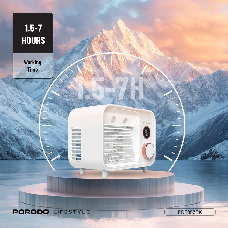 Porodo Mini Mist Fan Desktop Air Cooler with LED Display & Knob Control, 250mL Tank Capacity, 2000mAh Battery, 7.4W Rated Power, Up to 7 Hours Working Time, USB-C Charging Port, 5 Speed levels, Instant Cooling Mist - White