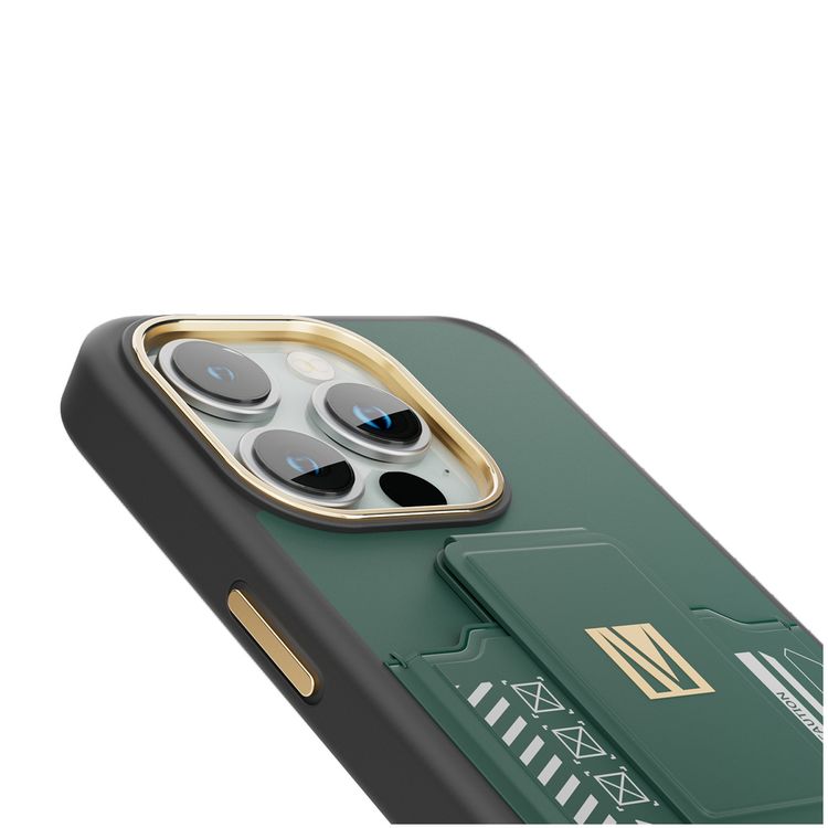 Levelo Morphix Cuero Gripstand Case for iPhone 15 Pro with Cardholder, Multi-Positioning Modes, PU Leather Material, Shock-Proof Edges - Green