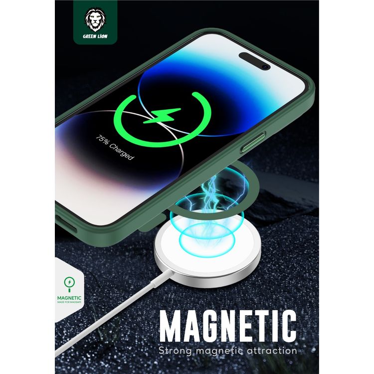 جراب Green Lion Charles Magsafe لهاتف iPhone 14 Pro (6.1 بوصة)، جراب صلب من مادة TPU ومادة السيليكون، شاحن لاسلكي Qi، حامل مغناطيسي، متين مضاد للسقوط، مضاد للخدش - أخضر