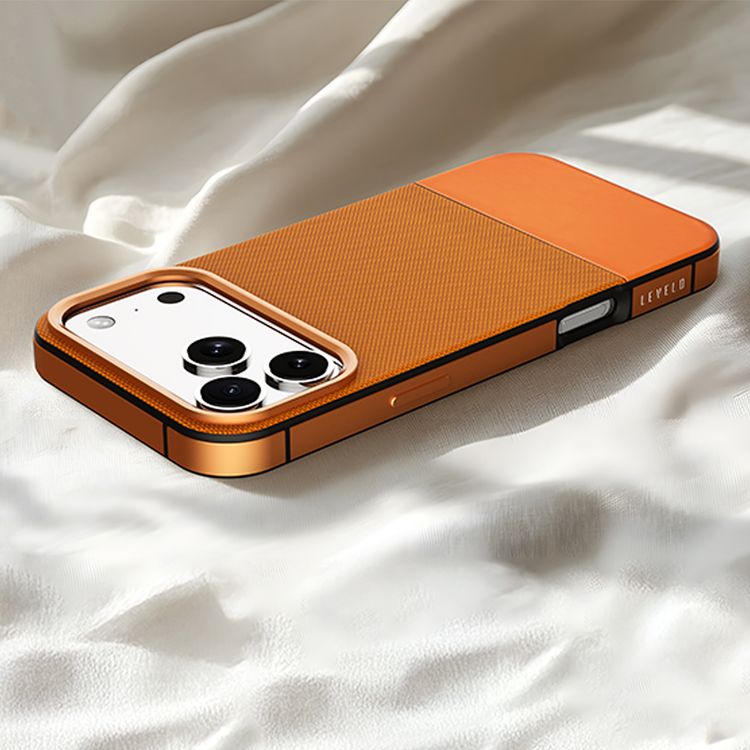 Levelo Cuir Leather Hybrid Case with Comfortable Grip for iPhone 17 Pro, Strong Magnets & MagSafe Compatible, Shock-Resistant Bumper, Aluminum Alloy Frame for Camera & Buttons, Drop-Tested - Sunrise Orange