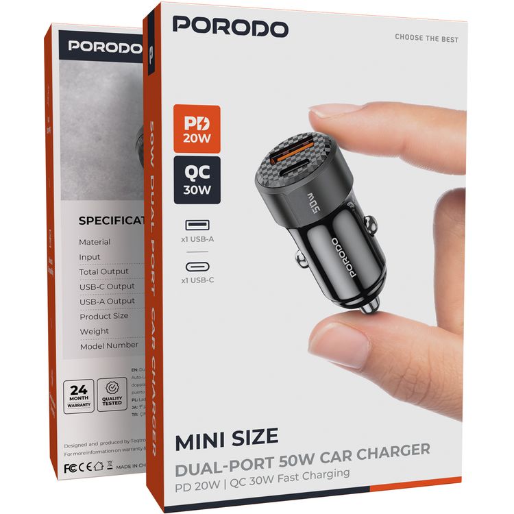 Porodo 50W Dual Port Car Charger, 20W Power Delivery, Simultaneous Fast Charging, 30W Quick Charge, Multi Protection, Carbon Fiber Print, Lightweight & Portable - Black
