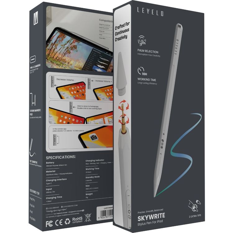Levelo SkyWrite Versa Stylus Pen for iPad, 130mAh Battery Capacity, Aluminum Alloy & Polyoxymethylene Material, USB-C Charging Interface, <1 Hour Charging Time, 10 Hours Working Time, 6 Months Standby Mode, 2 Extra Tips, Strong Magnetic Field - White
