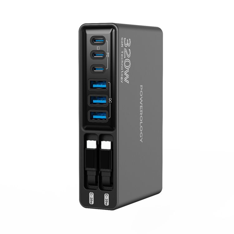 Powerology Univo Charging Station with 320W Total Output, Multi-Device Charging, Laptop Charging Compatibility, Advanced Safety Protection, Smart Charging Technology - Black