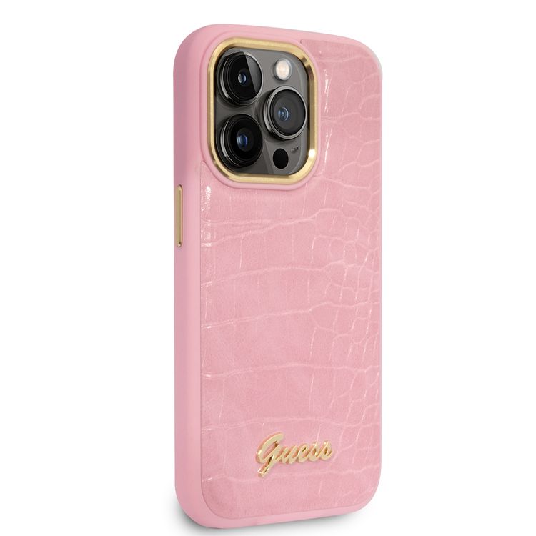 Guess PU Croco Case with Metal Camera Outline, Latest Design iPhone 14 Pro Compatibility - Pink