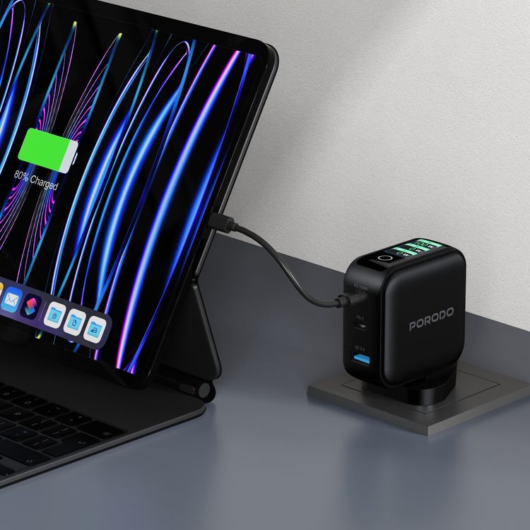 Porodo Nexora 3-Port 100W Wall Charger with LCD Display, 100W Power Delivery, QC 30W, GaN Technology, 3-Pin UK Plug, Universal Compatibility, Multi-Device Charging - Black