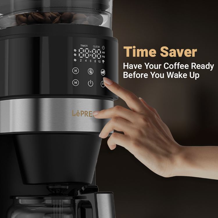 آلة تحضير القهوة LePresso مع طاحن الحبوب وسعة خزان ماء 1.35 لتر، قوة تخمير قابلة للتخصيص، طاقة مقيمة 900 واط، وظيفة الحفاظ على السخونة، لوحة تحكم رقمية - أسود