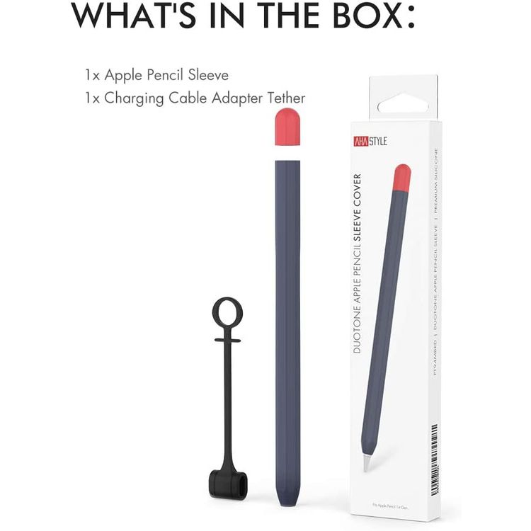 Ahastyle Duotone Case, Premium Silicone Anti-Slip Sleeve Cover with Cable Adapter Tether Kit Compatible for Apple Pencil 1st Generation - Midnight Blue/Red