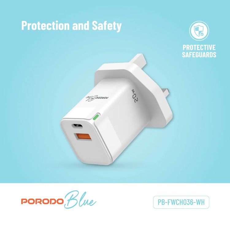 Porodo Blue Ultra-Quick Charger with USB-A & USB-C Ports, 20W, 3A Output Current, 5V Output Voltage, Multi-Device Charging, Fast Charge Support, Over Charge Protection, Overheat Protection - White