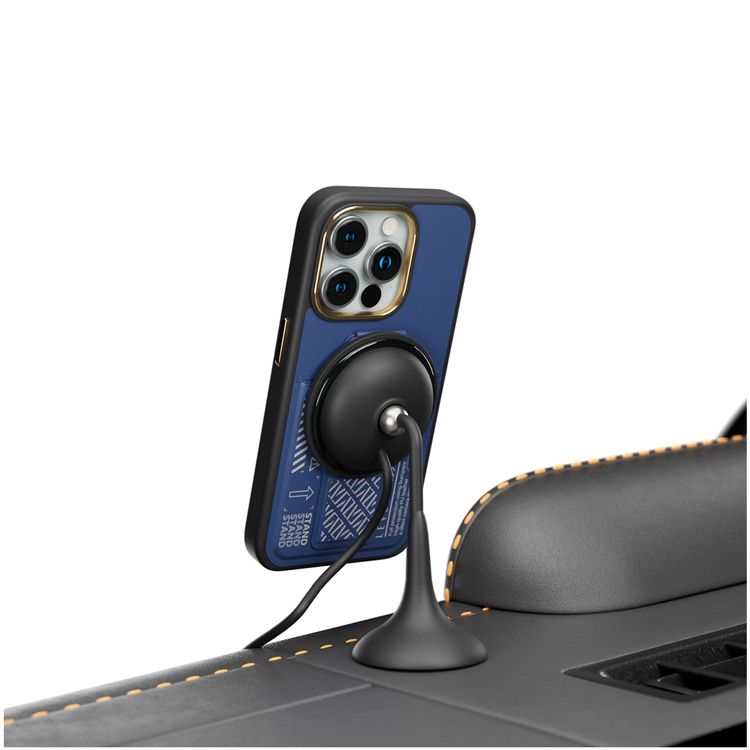 Levelo Morphix Cuero Gripstand Case for iPhone 15 Pro with Cardholder, Multi-Positioning Modes, PU Leather Material, Shock-Proof Edges - Blue