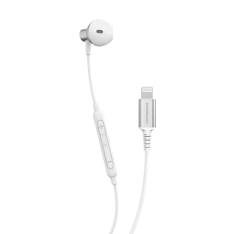 Powerology Lightning Mono Earphone with 5mW Max Power, 1.2m Cable Length, 32Ω Impedance, 14.2mm Driver Size, 110dB Sensitivity, Control Button, HD Sound Clarity - White
