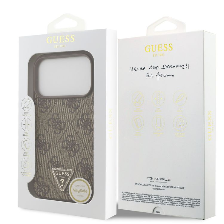 Guess MagSafe 4G PU Leather Case with Triangle Logo for iPhone 17 Pro, Slim Profile, Drop Protection, Comfortable Grip, Sustainable Packaging, Lightweight Design, Easy Snap-On - Brown