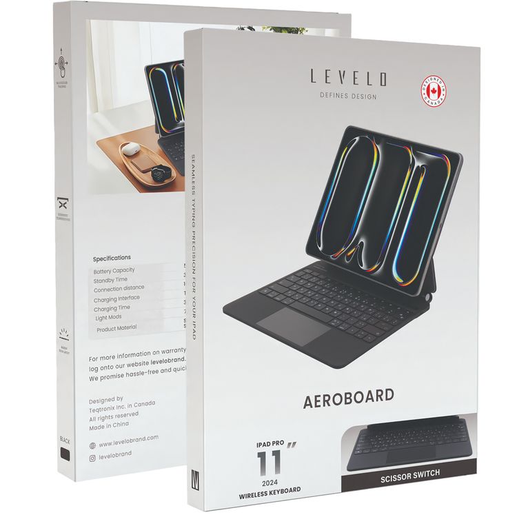 لوحة مفاتيح لاسلكية من الجلد من Levelo AeroBoard Saffanio لجهاز iPad Pro 11" 2024، زاوية قابلة للتعديل حتى 130 درجة، تصميم متوهج محيطي، لوحة لمس مدمجة، 500 مللي أمبير في الساعة - أسود