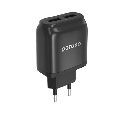 Porodo Dual USB-A Wall Charger, 2.4A EU 2pin Plug, Fast Charging and Auto-ID Adapter with Over-heat Protection & Fire-proof Material, Simultaneous Charging - Black