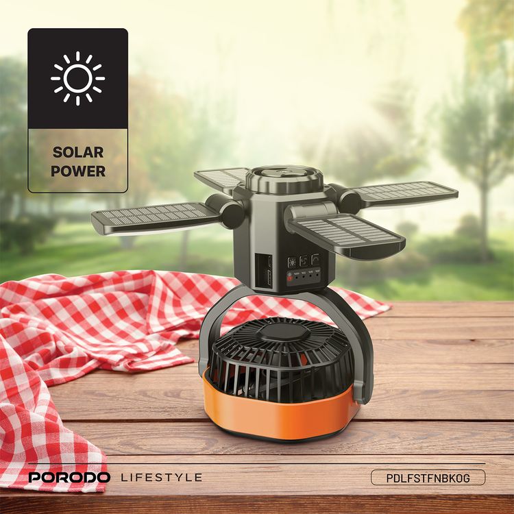Porodo Suncharge Outdoor Solar Fan with LED Lighting & Power Bank Function, 3 LED Brightness Levels, 4 Speed Settings, Foldable Hanging Hook, 150°Auto Oscillation, Up to 30 Hours Working Time, 6000mAh Battery, 5W Rated Power - Black / Orange