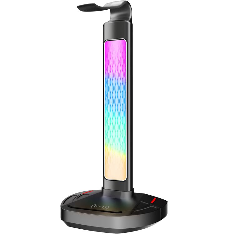 Porodo Gaming 5W RGB Headset Stand, Wireless Charger USB Hub with Screen Lamp - Black