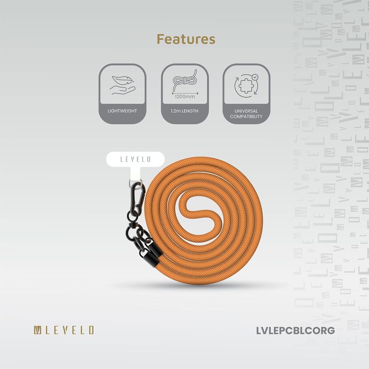 Levelo Everly Phone Crossbody Lanyard, 1.2m, Polyester Fiber, Metal Finish, Lightweight, Durable Material, Adjustable Straps, Universal Compatibility, Hypoallergenic Material - Carrot Orange