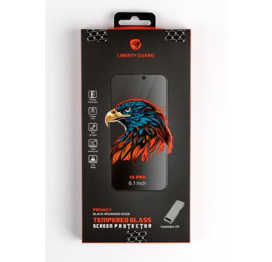 Liberty Guard iPhone 15 Pro لتغطية كاملة 2.5D للخصوصية من الزجاج المقوى الثلاثي مع مجموعة التثبيت - حافة سوداء/خصوصية