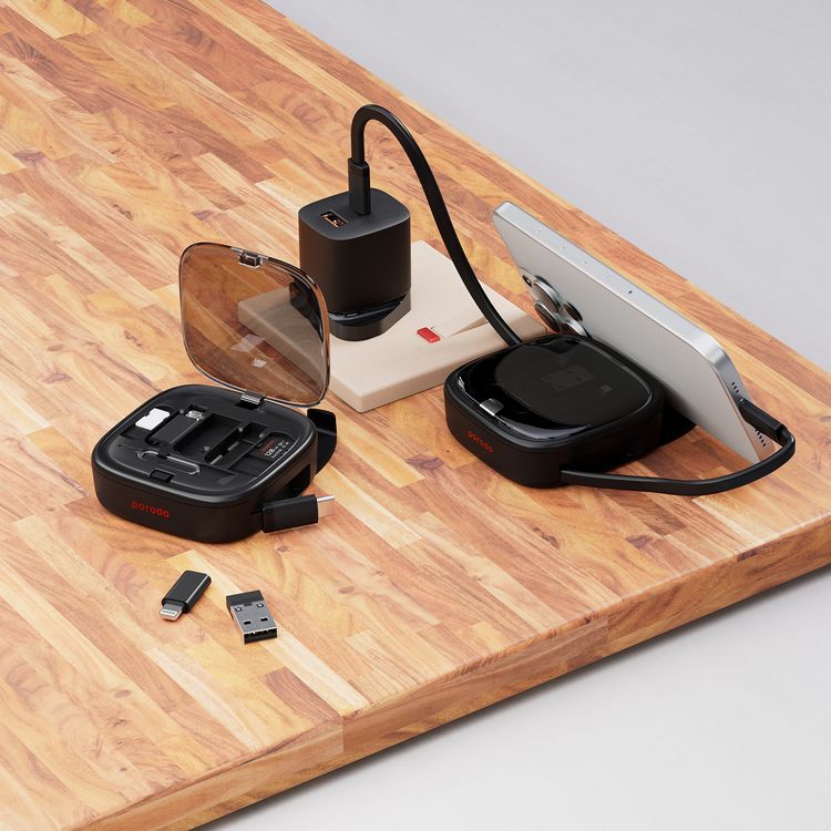 Porodo Multi-Device Charging Kit with Built-in Phone Holder, Retractable Type-C Cable, 60W Power Delivery, USB-A, Micro USB & Lightning Adapters, TF & Sim Card Slots - Black