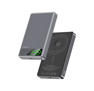 Porodo SlimMag 10000mAh Magnetic Power Bank with Real-Time Power Display, N54 Magnet Type, Aluminum Alloy Material, 2.5W Watch Output, Qi2 Wireless Charger, MagSage Compatibility - Gray