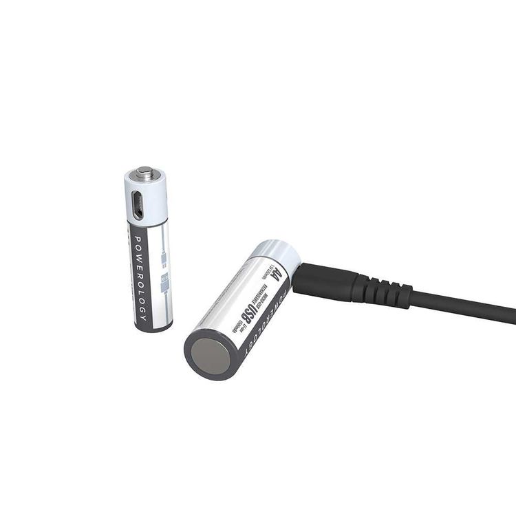 Powerology USB Rechargeable Battery, Reusable USB Lithium-ion Battery with Micro USB Cable - White (AA (1500mAh / 2250mWh), 4pcs/pack)