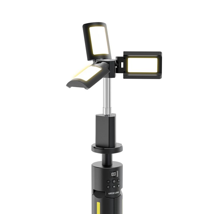 Green Lion Trio Beam Tripod Camping Light with Digital Display, Up to 80 Hours Working Time, White, Golden, 7-Color RGB Light Modes, 5-Level Brightness, Memory Function, Reflective Strips - Black