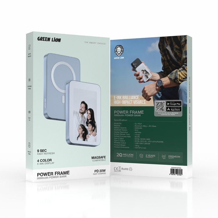 بنك طاقة جرين ليون باور فريم بسعة 5000 مللي أمبير بشاشة حبر إلكتروني بأربعة ألوان، إصدار بلوتوث 5.0، دعم الشحن السريع، توصيل طاقة بقدرة 20 واط، مصنوع من سبيكة الألومنيوم وزجاج AG - باللون الأزرق.