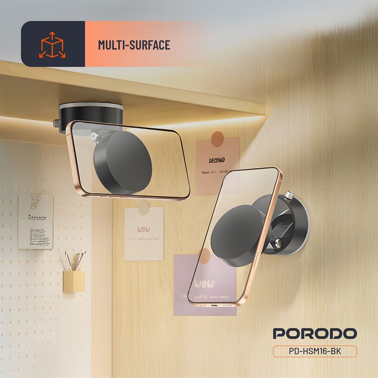 Porodo Multi-Surface Magsafe Mount with Adjustable Viewing Angle, N52 Magnet, One-Hand Operation, Grip-Lock Toggle & One-Touch Lock - Black